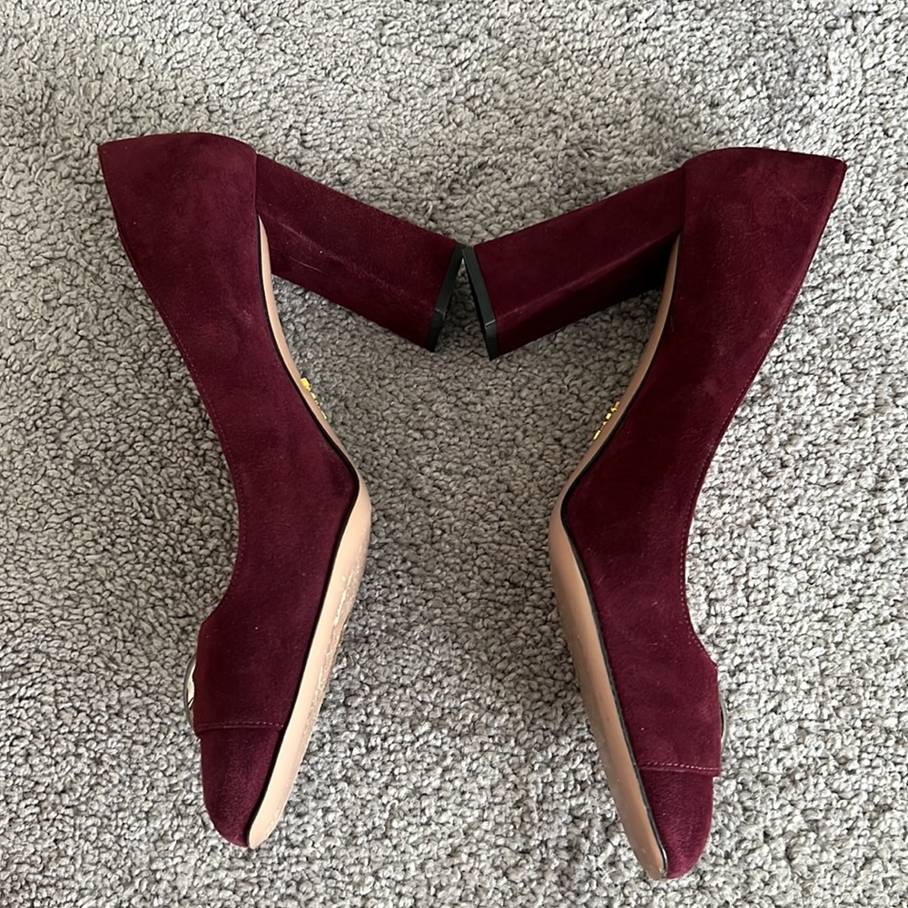 Prada Burgundy Suede Gold Button Heels - Picture 2 of 10